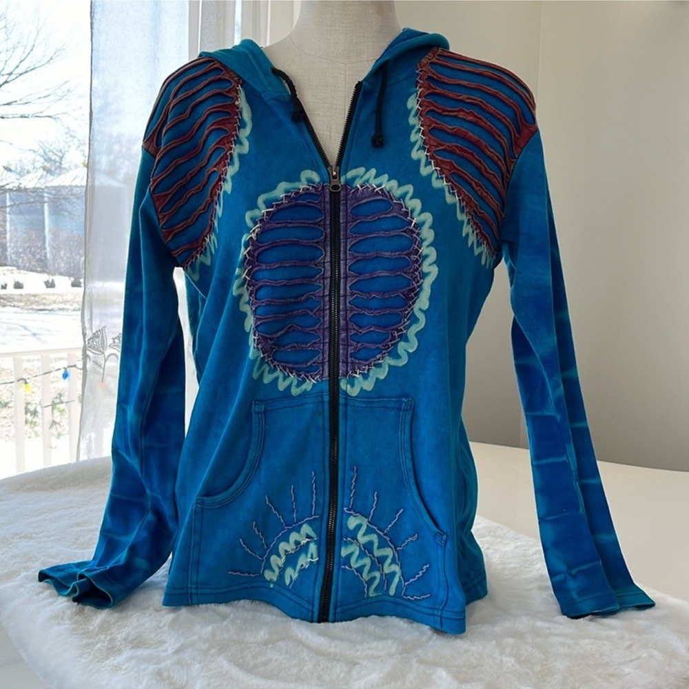 Artistic Stonewash Hand Dyed Patchwork Bohemian Festival Blue Zip Hoodie